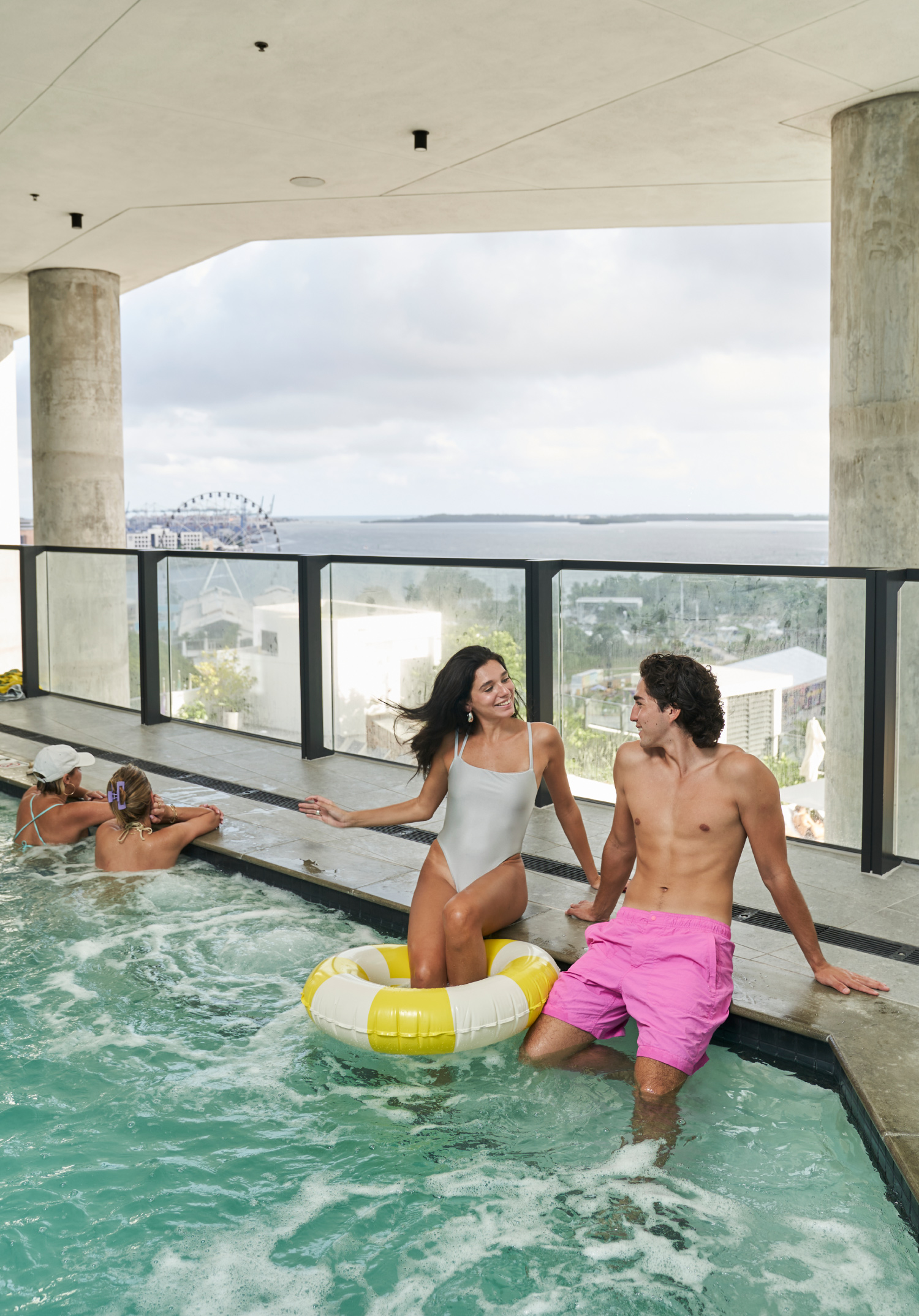 hot tub with people and view on roof