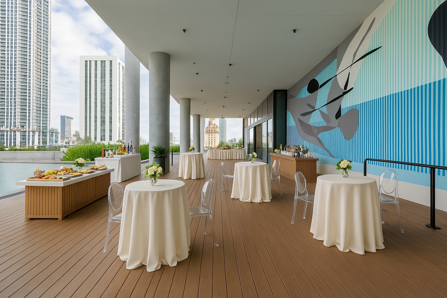 Outdoor event space with round tables covered in white linens, clear chairs, floral centerpieces, buffet and bar area, overlooking city buildings.