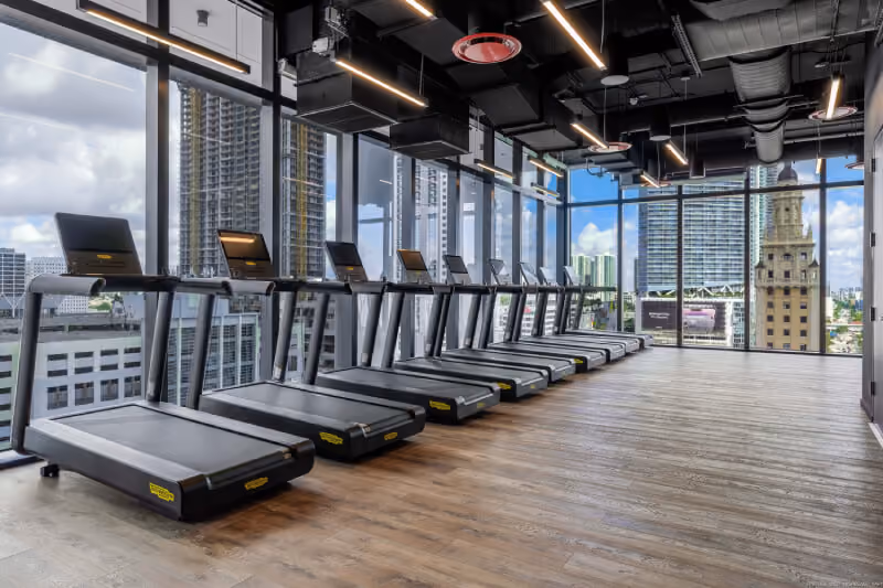 treadmills overlooking the city of miami