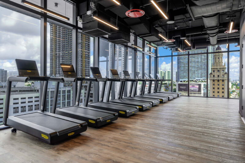 treadmills overlooking the city of miami