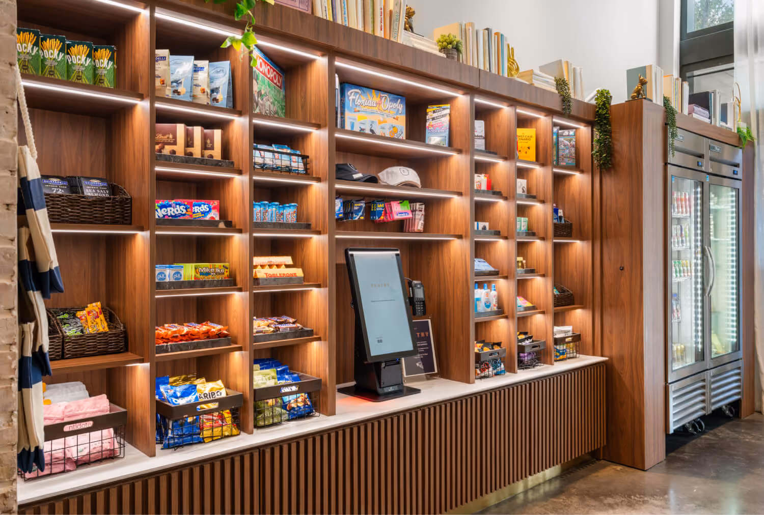 lobby market shelves stocked with goods and food