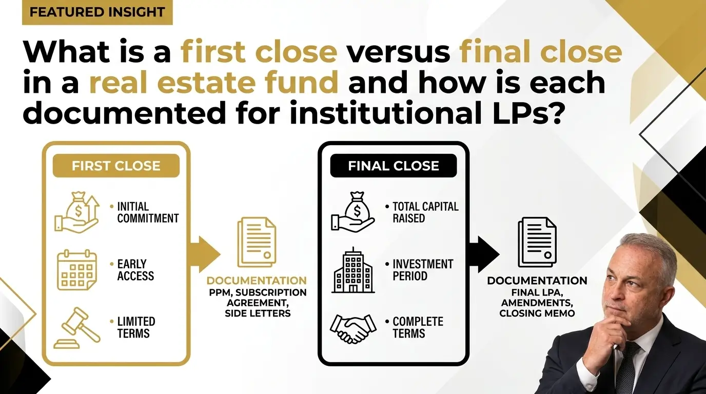 Comparison of first close versus final close documentation for real estate funds.