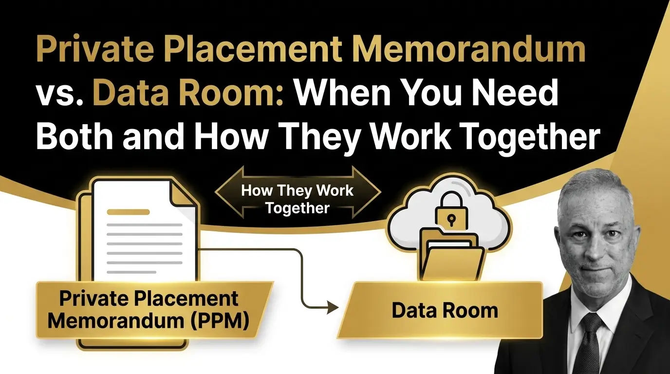 PPM vs. Data Room When You Need Both and How They Work Together A comparison showing how a Private Placement Memorandum and a Data Room work together.