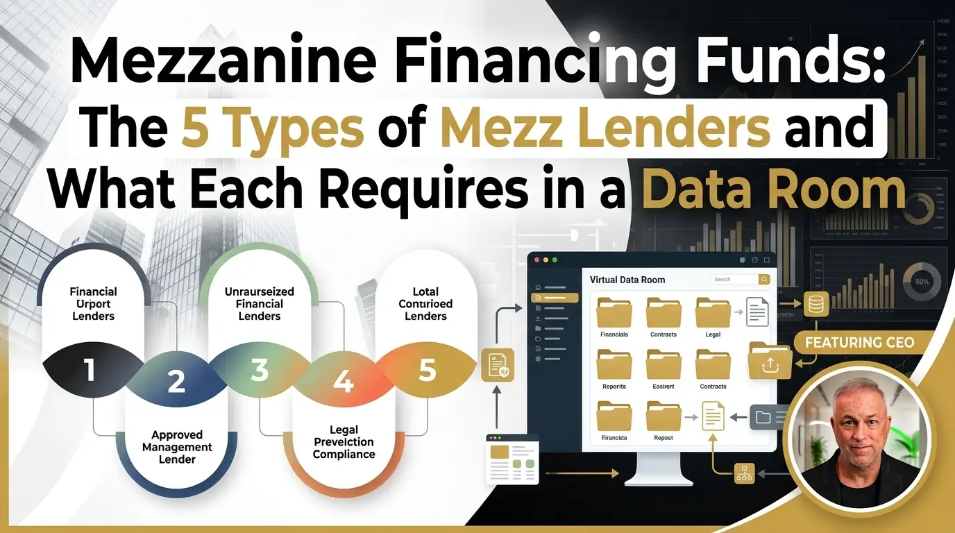 Mezzanine Financing Funds 5 Lender Types and Data Room Requirements Infographic showing 5 types of mezzanine lenders and data room needs.