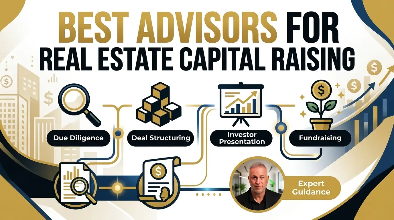 Best Advisors for Real Estate Capital Raising Expert Guidance & Process Infographic showing the best advisors for real estate capital raising, covering due diligence, deal structuring, investor presentation, and fundraising.