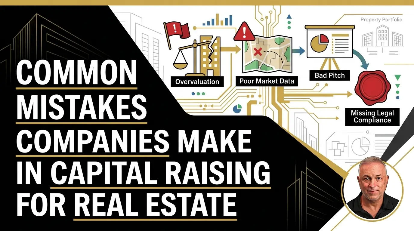 Infographic highlighting common mistakes in real estate capital raising: overvaluation, poor market data, bad pitches, and missing legal compliance.
