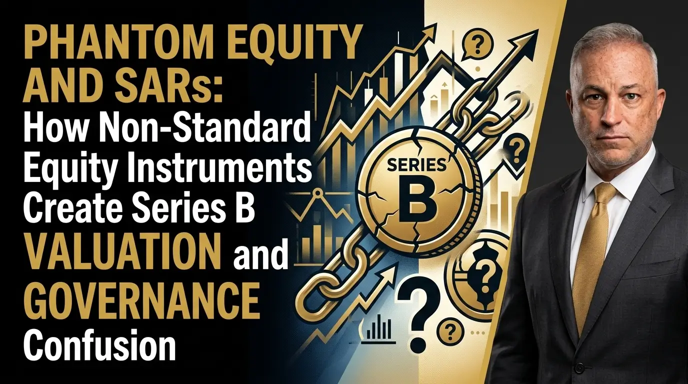 An infographic illustrating the impact of phantom equity and SARs on a Series B round, featuring broken chains and question marks to represent valuation and governance confusion.