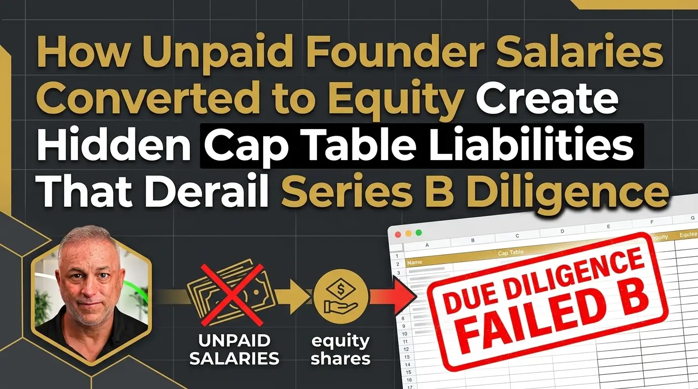 An infographic illustrating how converting unpaid founder salaries into equity shares can create hidden liabilities that lead to a failed Series B due diligence review.