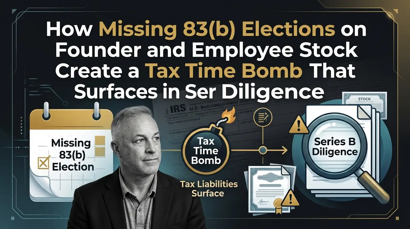 An infographic illustrating how a missing 83(b) election creates a tax time bomb with rising liabilities that surface during Series B diligence.