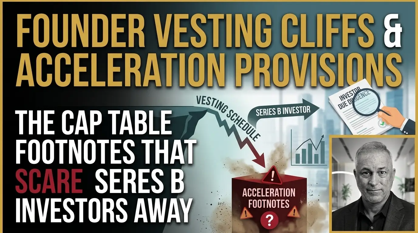 Founder Vesting Cliffs and Acceleration Provisions at Series B An infographic illustrating how founder vesting schedule cliffs and acceleration footnotes can disrupt investor due diligence and deter Series B institutional investors.