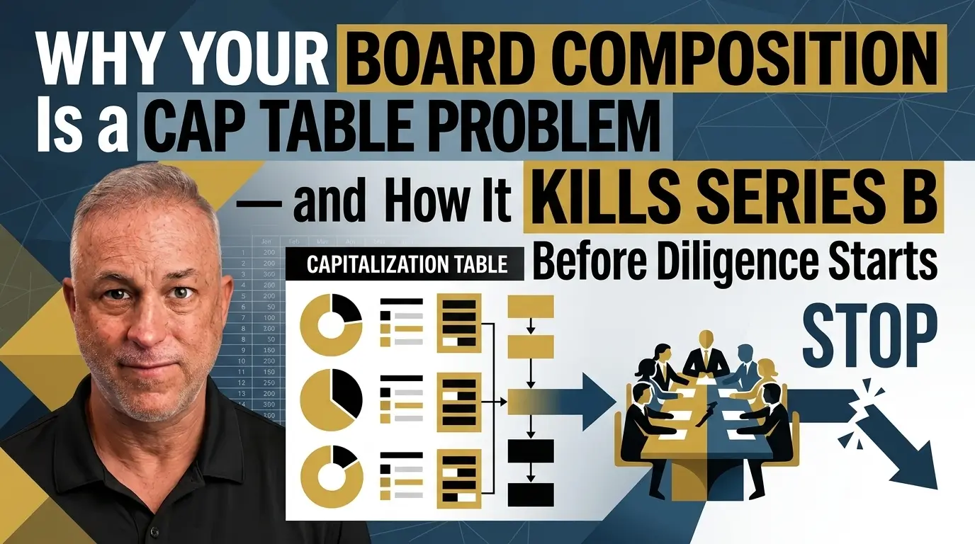 Why Your Board Composition Is a Cap Table Problem That Kills Series B An infographic illustrating how poor board composition ties directly to cap table complications that can derail and stop a Series B round before due diligence even starts.