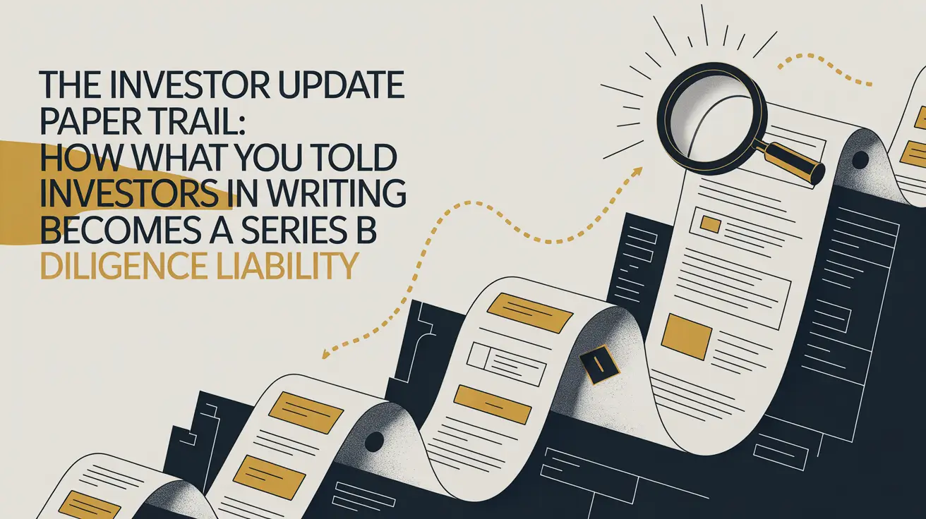 The Investor Update Paper Trail A Series B Diligence Liability A business illustration showing a magnifying glass examining a long, winding paper trail of written investor updates to signify a Series B diligence liability risk.