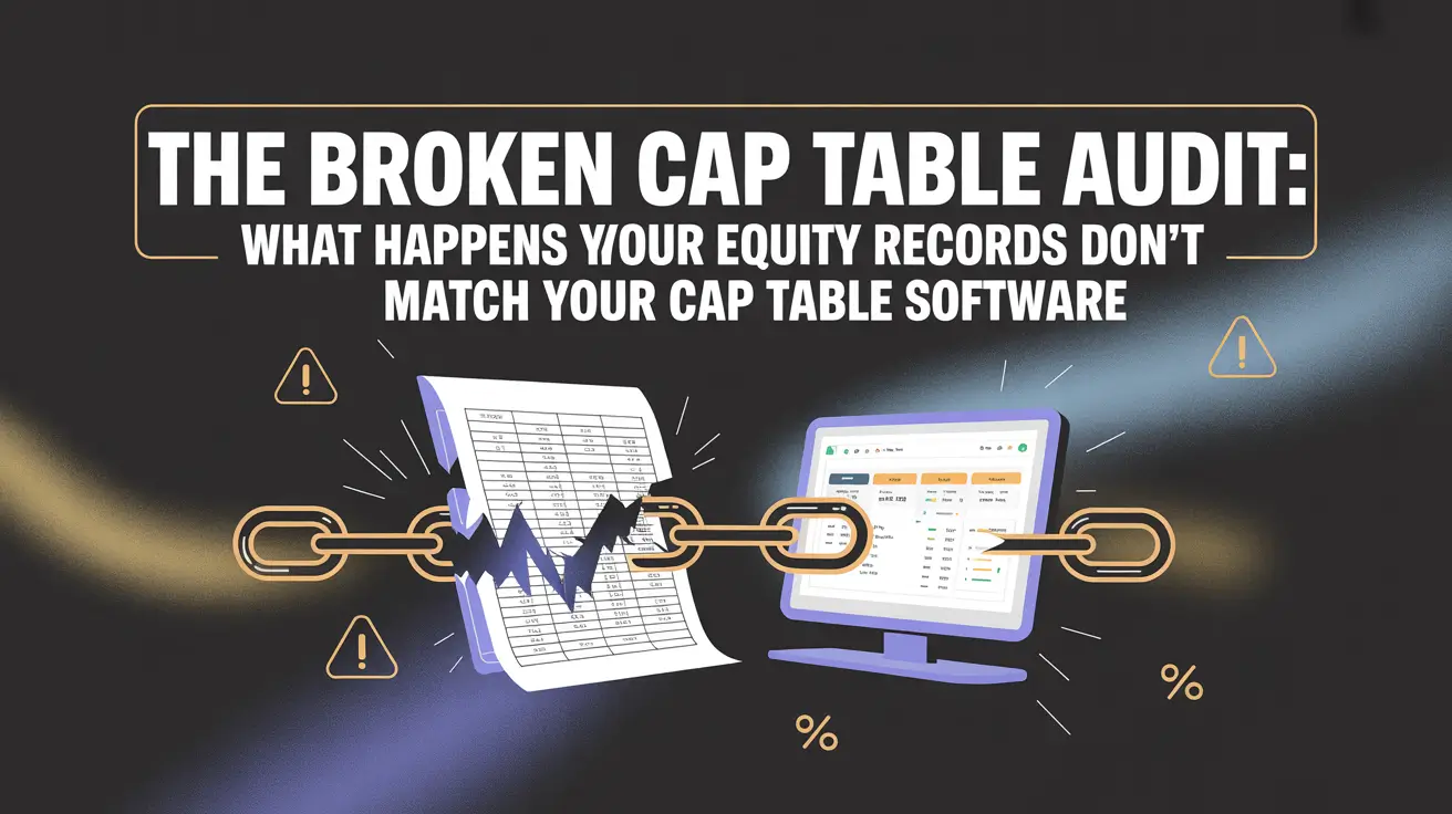 The Broken Cap Table Audit Misaligned Equity Records and Software A business graphic depicting a broken chain link between a torn paper document and a computer monitor showing cap table software, illustrating the disconnect when equity records do not match software records.