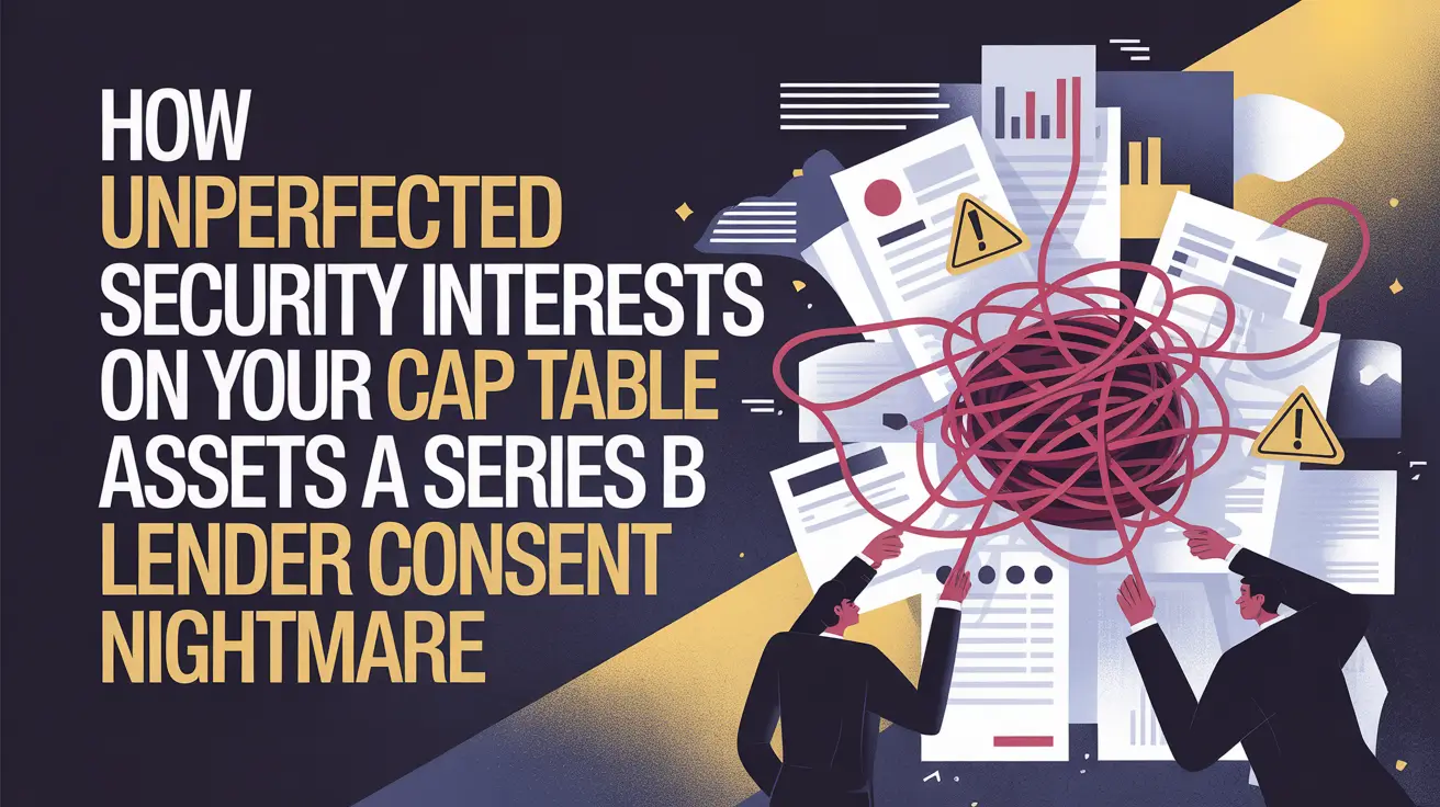 How Unperfected Security Interests Create a Series B Lender Consent Nightmare A modern infographic-style illustration showing business professionals trying to untangle a giant, knotted ball of red string over corporate documents with yellow warning signs, representing a complex lender consent issue.