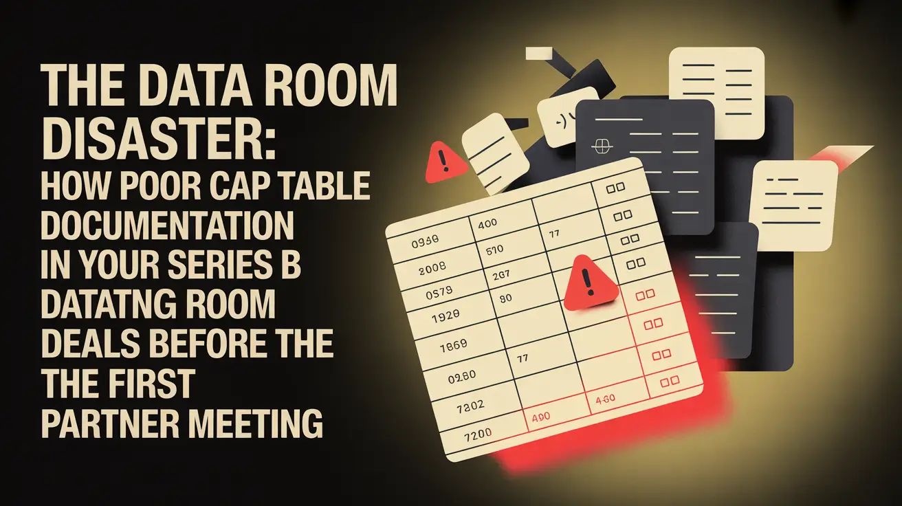 The Data Room Disaster Poor Cap Table Documentation at Series B A modern professional graphic design depicting a scattered cap table spreadsheet and messy document files highlighted by a red warning icon, representing a data room disaster.