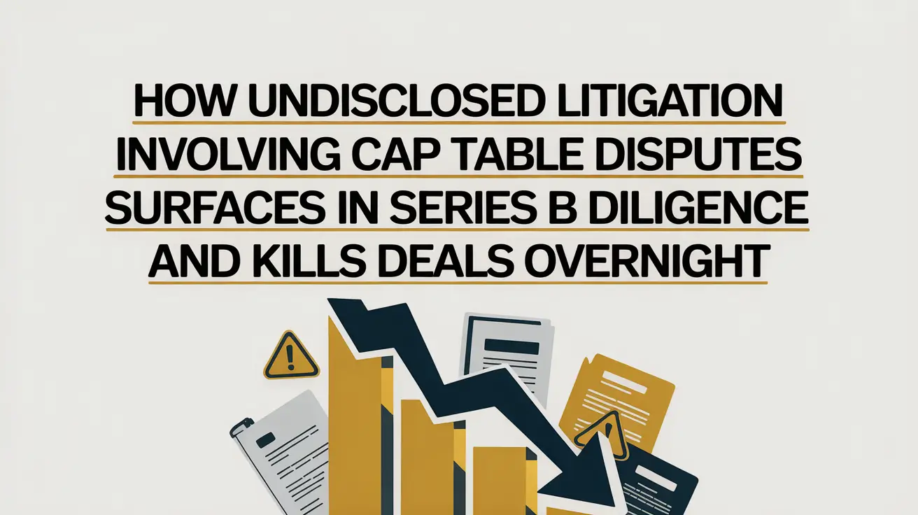 How Undisclosed Litigation Involving Cap Table Disputes Kills Series B Deals A business graphic design showing a downward-trending jagged arrow crashing over financial bar charts and legal documents with warning icons, illustrating how undisclosed litigation impacts a deal.