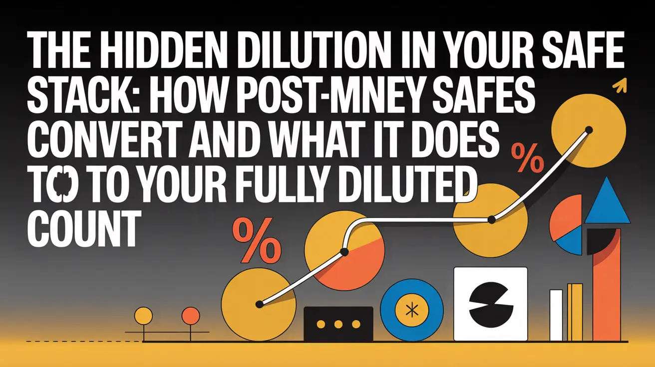 A professional LinkedIn banner featuring a rising line chart and pie graphs with percentage symbols, illustrating the concept of hidden dilution from post-money SAFE conversion on fully diluted share counts.