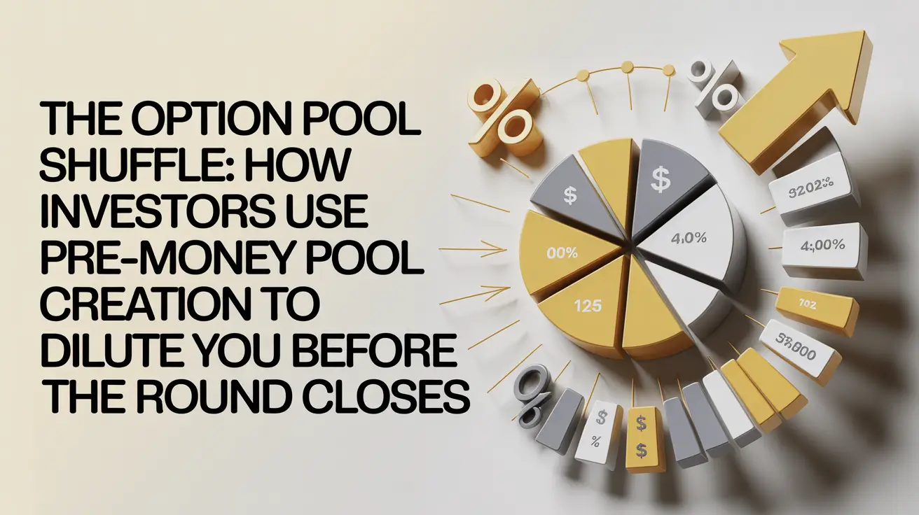 A premium editorial-style featured image featuring a multi-layered 3D pie chart and bar graphs marked with percentage and dollar symbols, illustrating how investors use pre-money option pool creation to dilute equity.