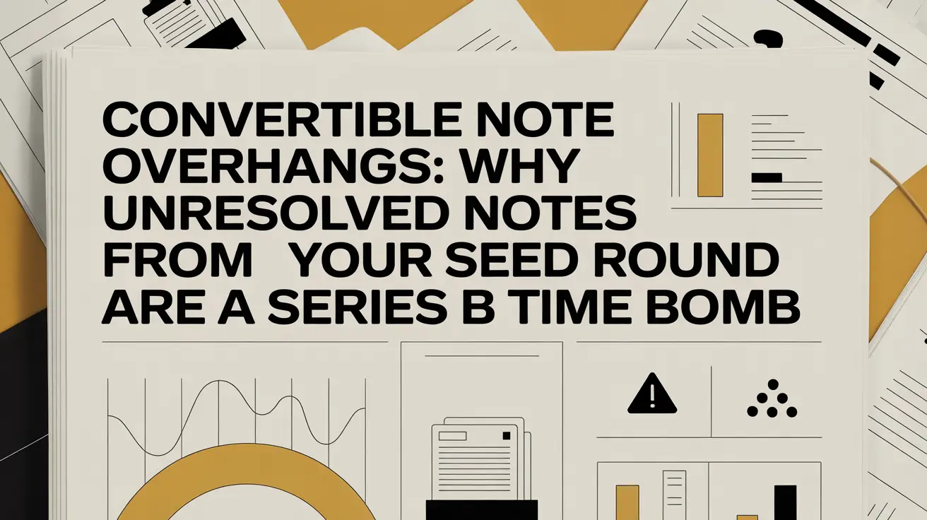 Convertible Note Overhangs A Series B Time Bomb From Your Seed Round An editorial-style graphic displaying a headline about convertible note overhangs on a newspaper layout, surrounded by abstract charts, data metrics, and a warning icon.