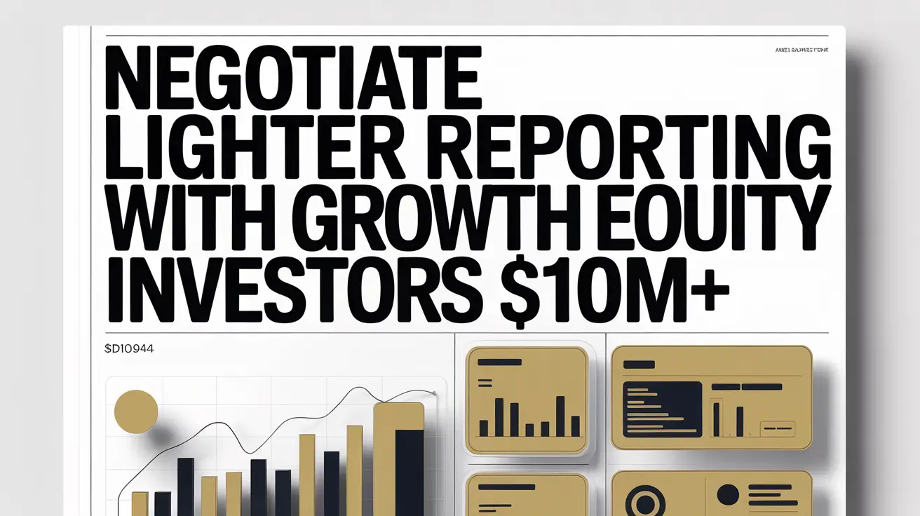 A premium business magazine cover featuring a bold headline about negotiating lighter reporting requirements with growth equity investors for raises over $10M, surrounded by gold and black financial graphs and data dashboards.