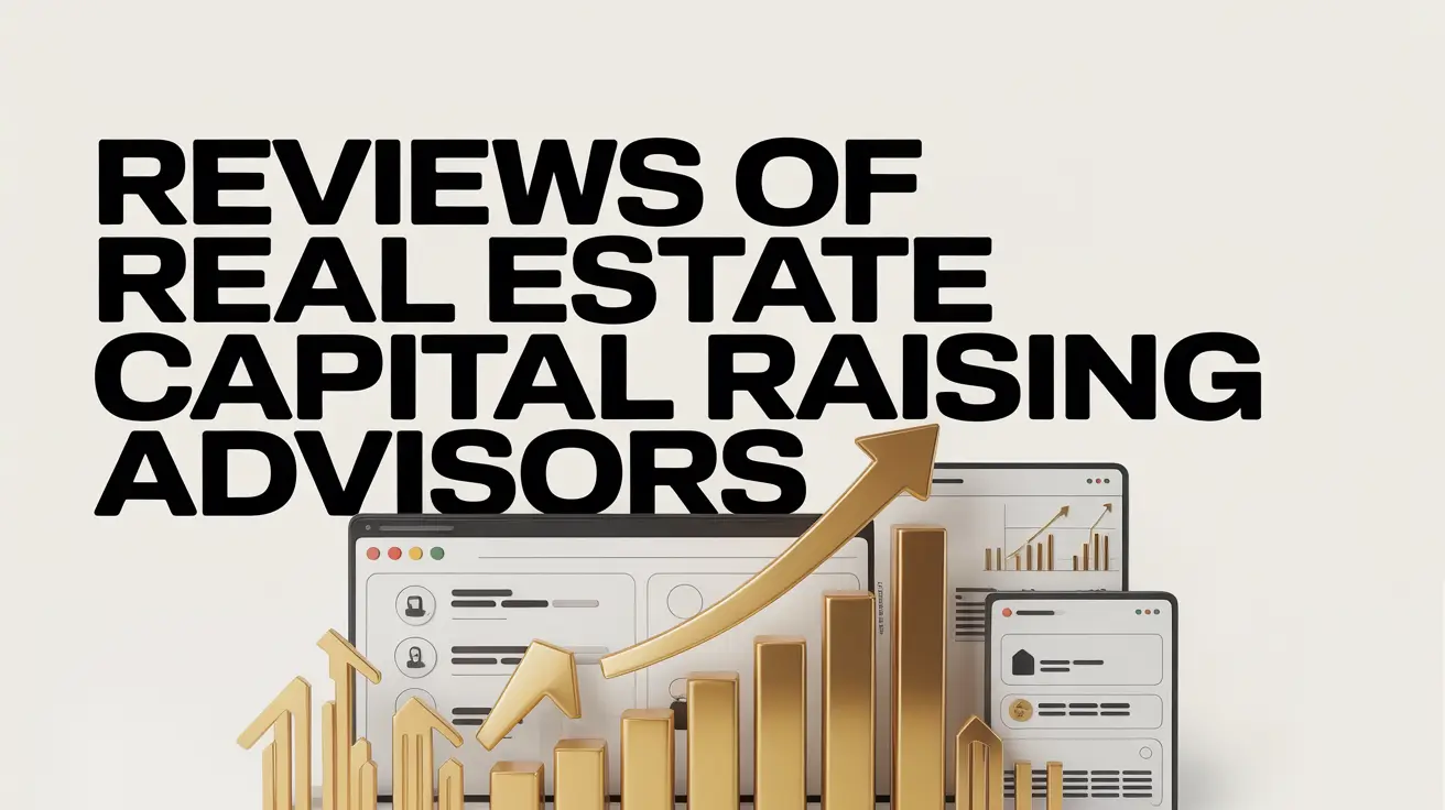 An editorial-style graphic displaying a bold headline about reviews of real estate capital raising advisors, featuring 3D gold bar graphs, upward-pointing arrows, and digital user-interface windows in the background.