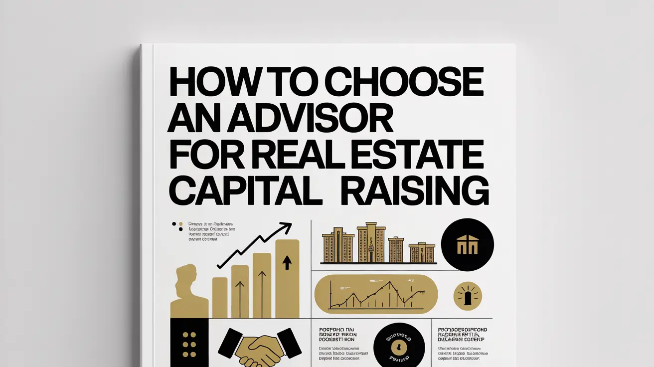 A premium business book cover layout featuring a bold headline about how to choose an advisor for real estate capital raising, accompanied by minimalistic icons of real estate buildings, an upward-trending bar chart, a handshake, and data charts.
