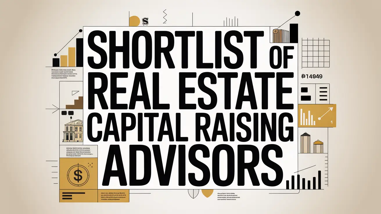 An editorial-style graphic featuring a large, bold headline that reads "Shortlist of Real Estate Capital Raising Advisors," surrounded by minimalist architectural icons, line charts, and financial data visuals.