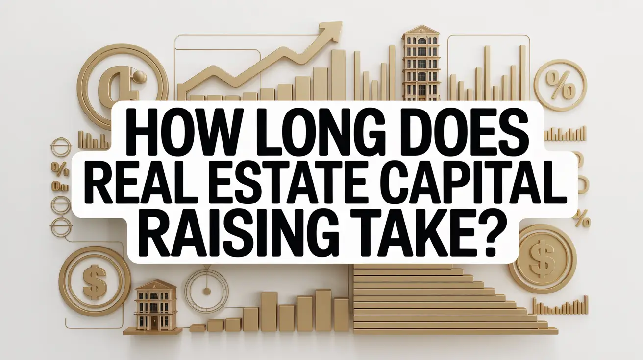 A premium business-style featured graphic showing 3D gold building structures, financial bar graphs with rising arrows, dollar signs, and percentage symbols surrounding a bold headline that asks "How Long Does Real Estate Capital Raising Take?".