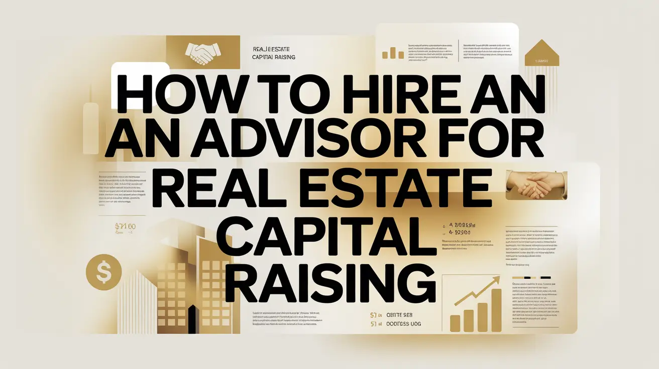 An editorial-style business graphic with a large, bold headline that reads "How to Hire an Advisor for Real Estate Capital Raising," surrounded by gold-toned vector icons of skyscrapers, a handshake, a dollar coin, and a rising growth chart.