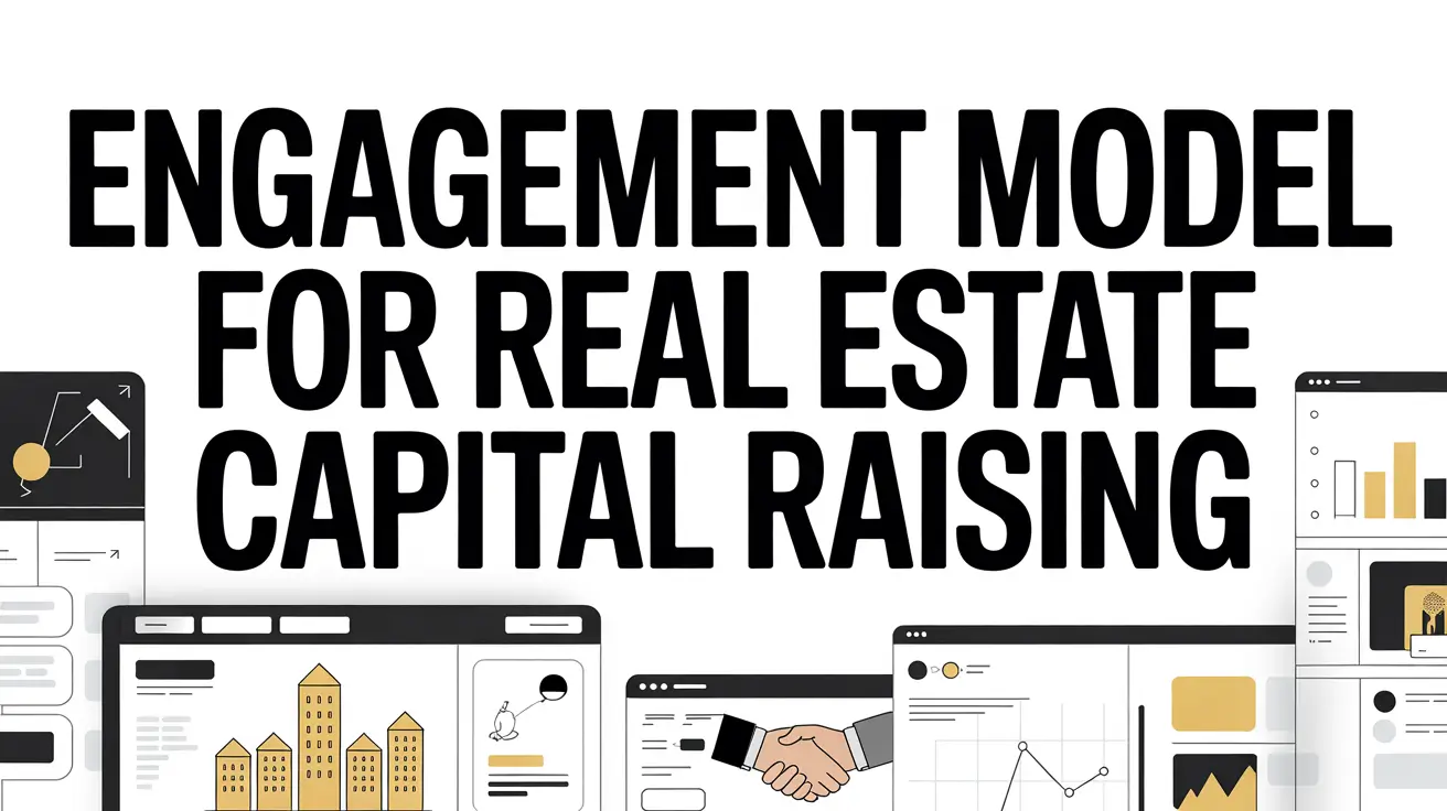 A business graphic on a clean white background featuring a large, bold headline that reads "Engagement Model for Real Estate Capital Raising," positioned above several minimalist digital dashboard interface windows showing illustrations of buildings, a han