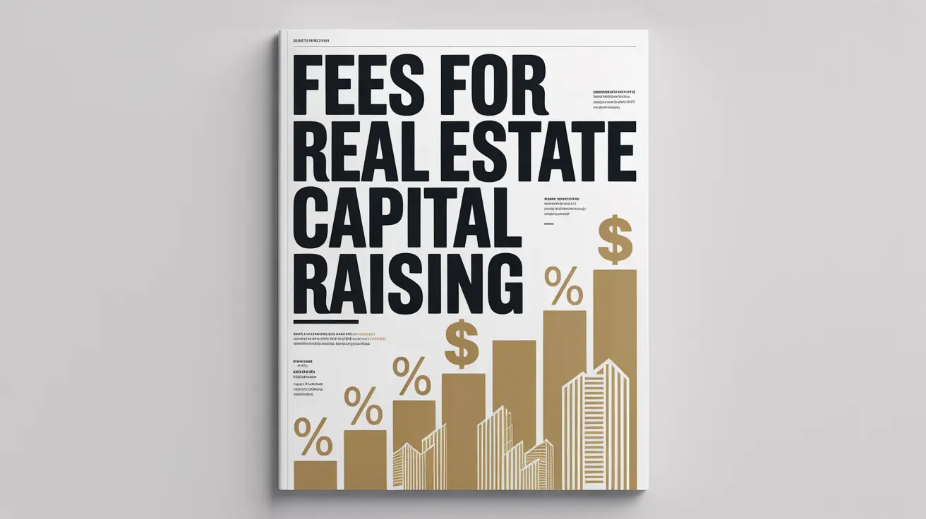 A sleek business magazine cover featuring a prominent, bold headline that reads "Fees for Real Estate Capital Raising," set above rising gold bar charts, line-art building illustrations, dollar signs, and percentage symbols.