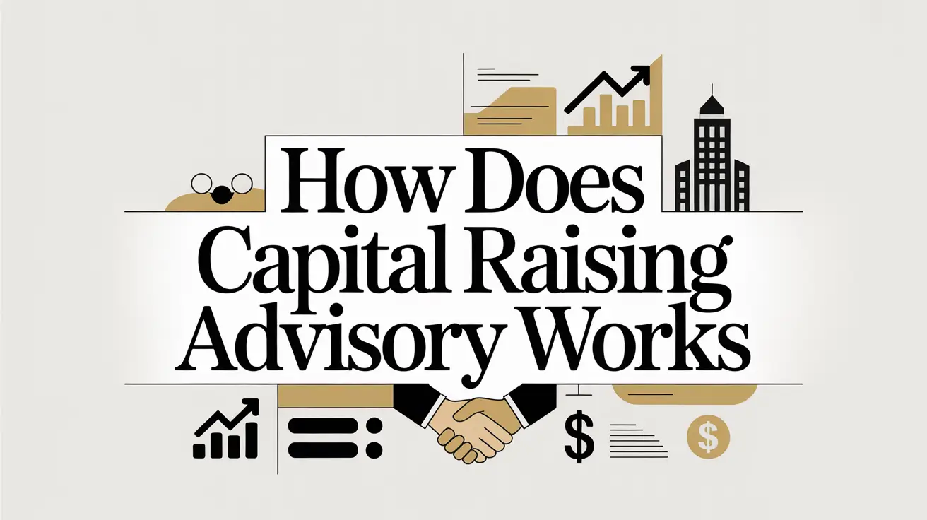 How does capital raising advisory work - illustrated with a handshake, growth chart, bar graph, dollar signs, and a city skyline representing the fundraising process between businesses and investors