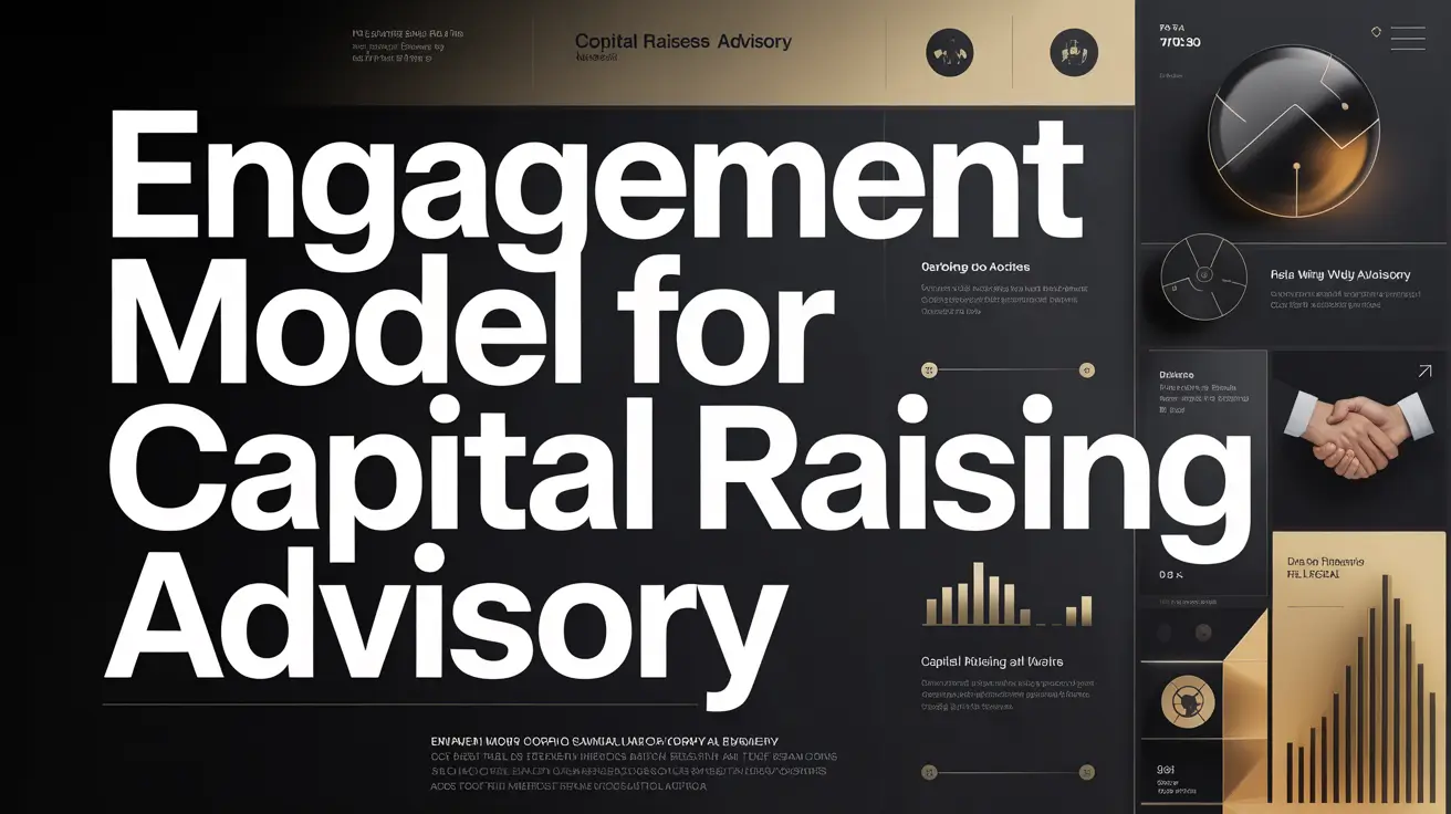 Engagement Model for Capital Raising Advisory - How the Advisory Process Works Step by Step Alt text: Engagement model for capital raising advisory - dashboard layout showing advisory process steps, bar charts, a handshake icon, pie chart, and capital raising milestones on a dark professional background