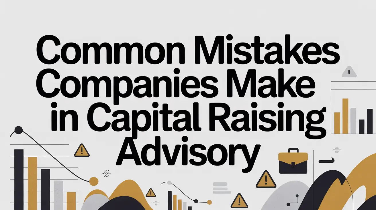 Common Mistakes Companies Make in Capital Raising Advisory Common mistakes companies make in capital raising advisory, with warning icons, bar charts, trend lines, and financial dashboard graphics showing fundraising errors and performance gaps