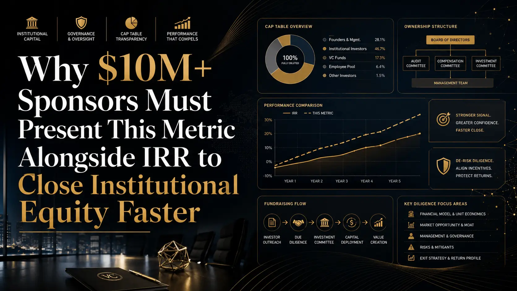 Why $10M+ Sponsors Must Present IRR Alongside Institutional Equity Metrics Why $10M+ sponsors must present IRR alongside institutional equity metrics, with cap table overview, ownership structure, performance comparison chart, and fundraising flow diagram