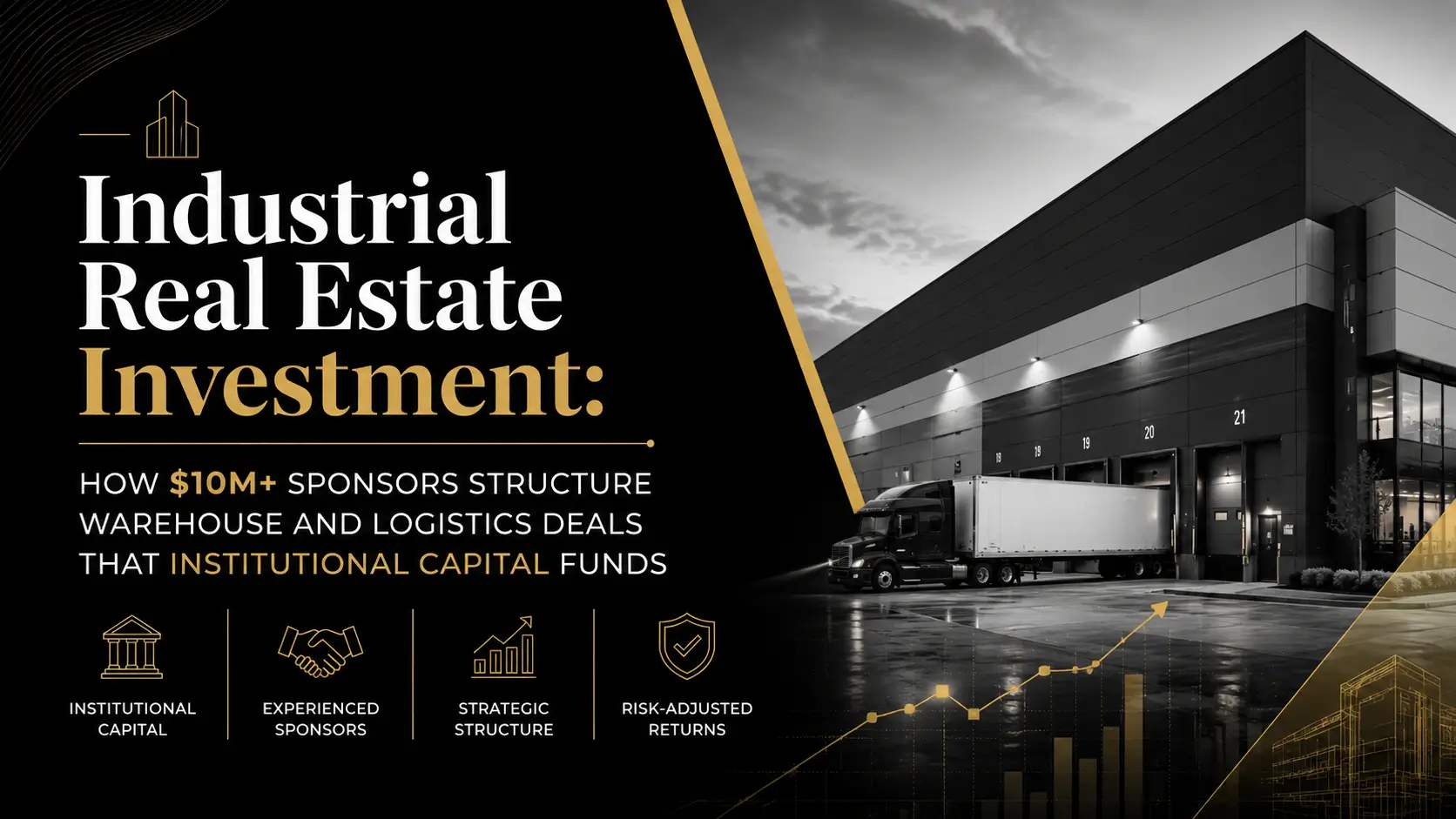 Industrial real estate investment graphic showing warehouse and logistics deals, institutional capital, strategic structure, and risk-adjusted returns