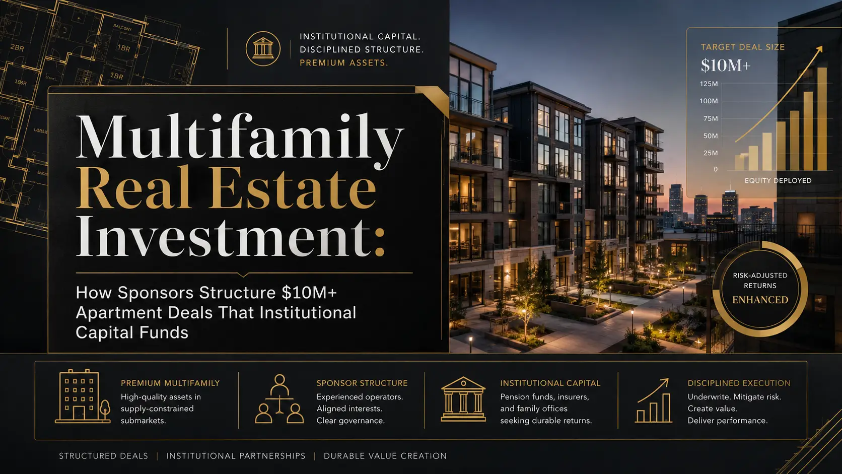 Multifamily real estate investment slide showing $10M+ apartment deals, sponsor structure, institutional capital, and risk-adjusted returns