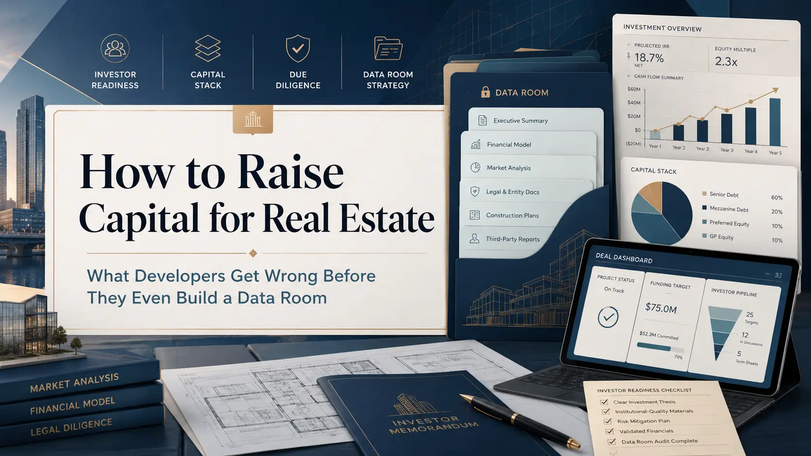 Real estate capital raising infographic showing investor readiness, capital stack, due diligence, data room strategy, and $75M funding target