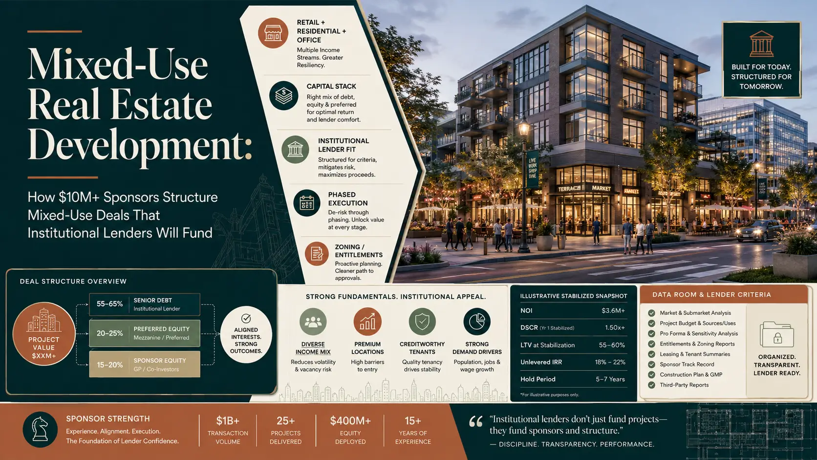 Mixed-use real estate development infographic showing retail, residential, and office components, capital stack, lender criteria, and data room checklist