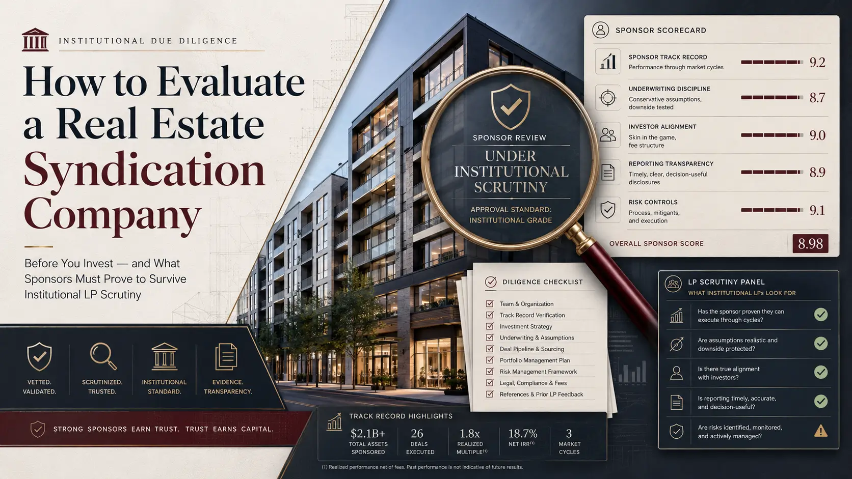 Real estate syndication due diligence infographic showing sponsor scorecard, LP scrutiny, track record, underwriting, reporting, and risk controls