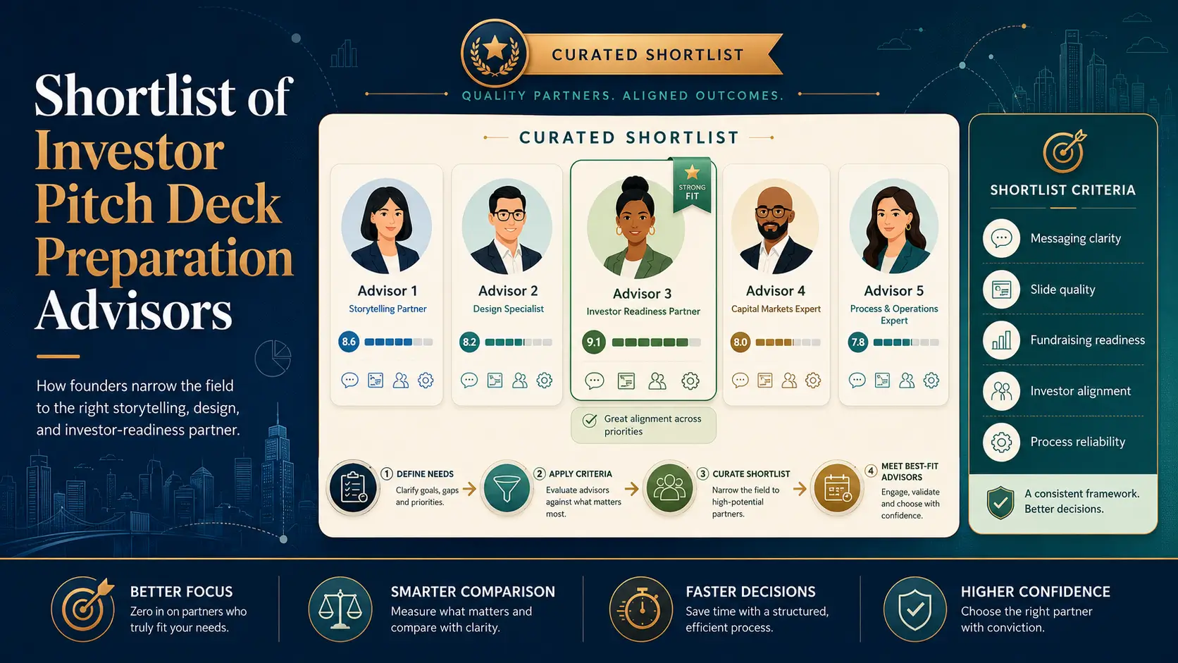 Shortlist of investor pitch deck preparation advisors comparing storytelling, design, investor readiness, capital markets expertise, process reliability, and fit criteria