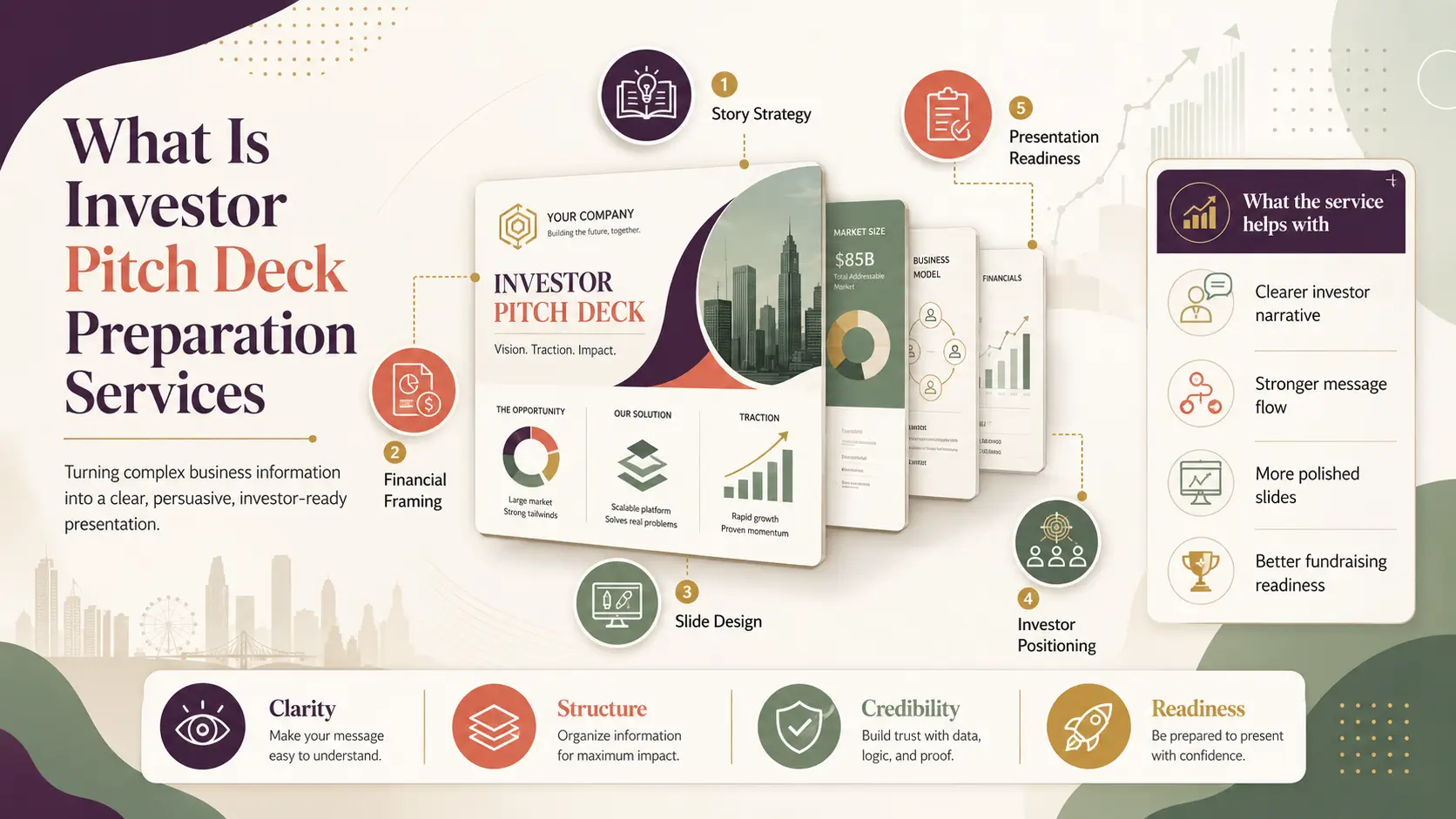 What Is Investor Pitch Deck Preparation Services Investor pitch deck preparation services infographic showing story strategy, financial framing, slide design, investor positioning, and presentation readiness