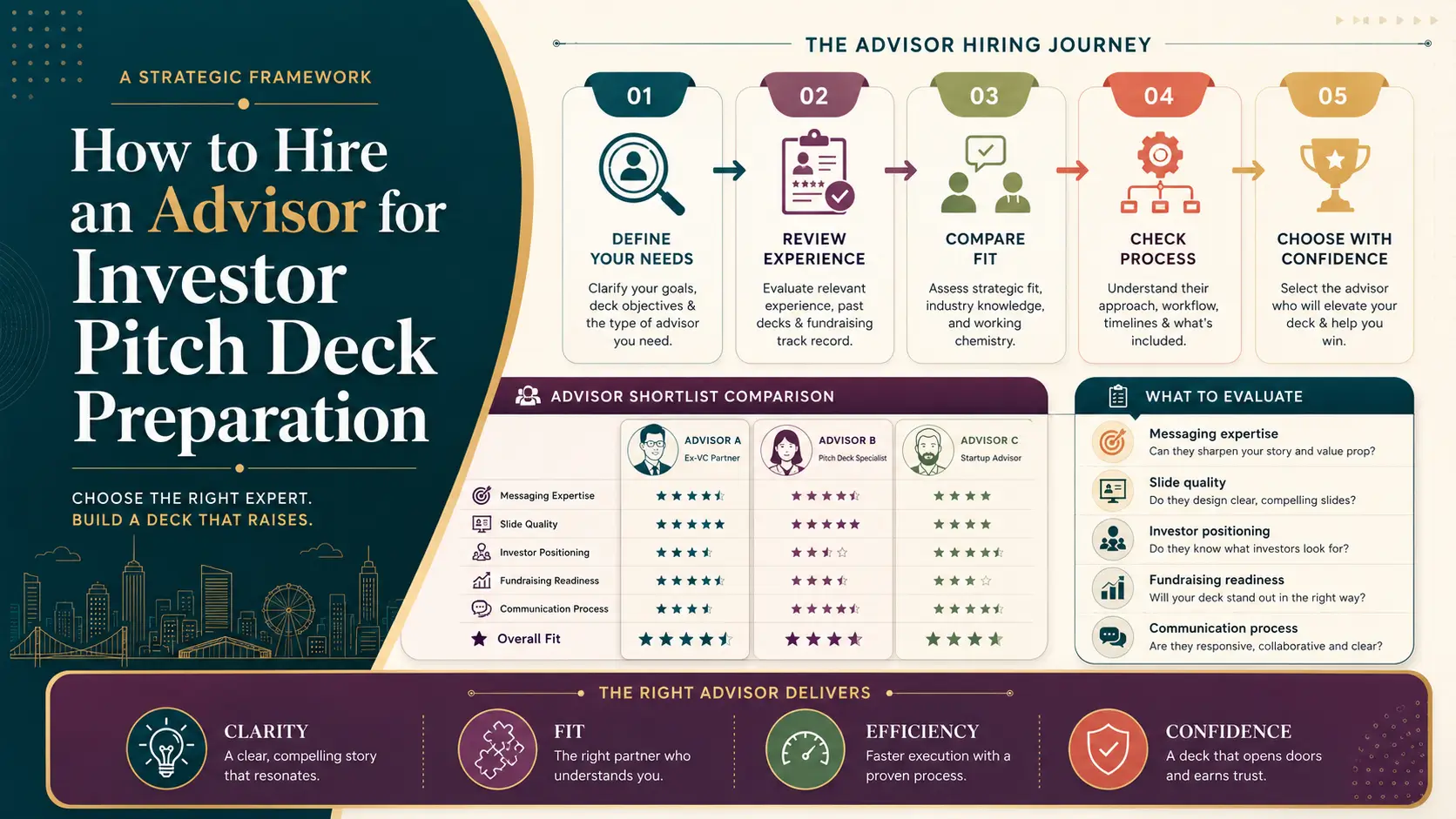 How to Hire an Advisor for Investor Pitch Deck Preparation Infographic on how to hire an advisor for investor pitch deck preparation, showing five steps, advisor comparison criteria, and the benefits of clarity, fit, efficiency, and confidence