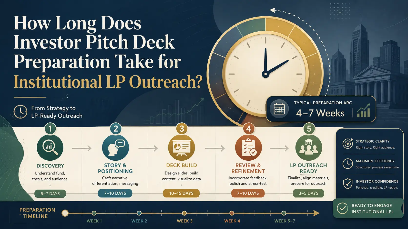 How Long Does Investor Pitch Deck Preparation Take for Institutional LP Outreach Infographic on how long investor pitch deck preparation takes for institutional LP outreach, showing discovery, story positioning, deck build, review, and outreach readiness over 4 to 7 weeks