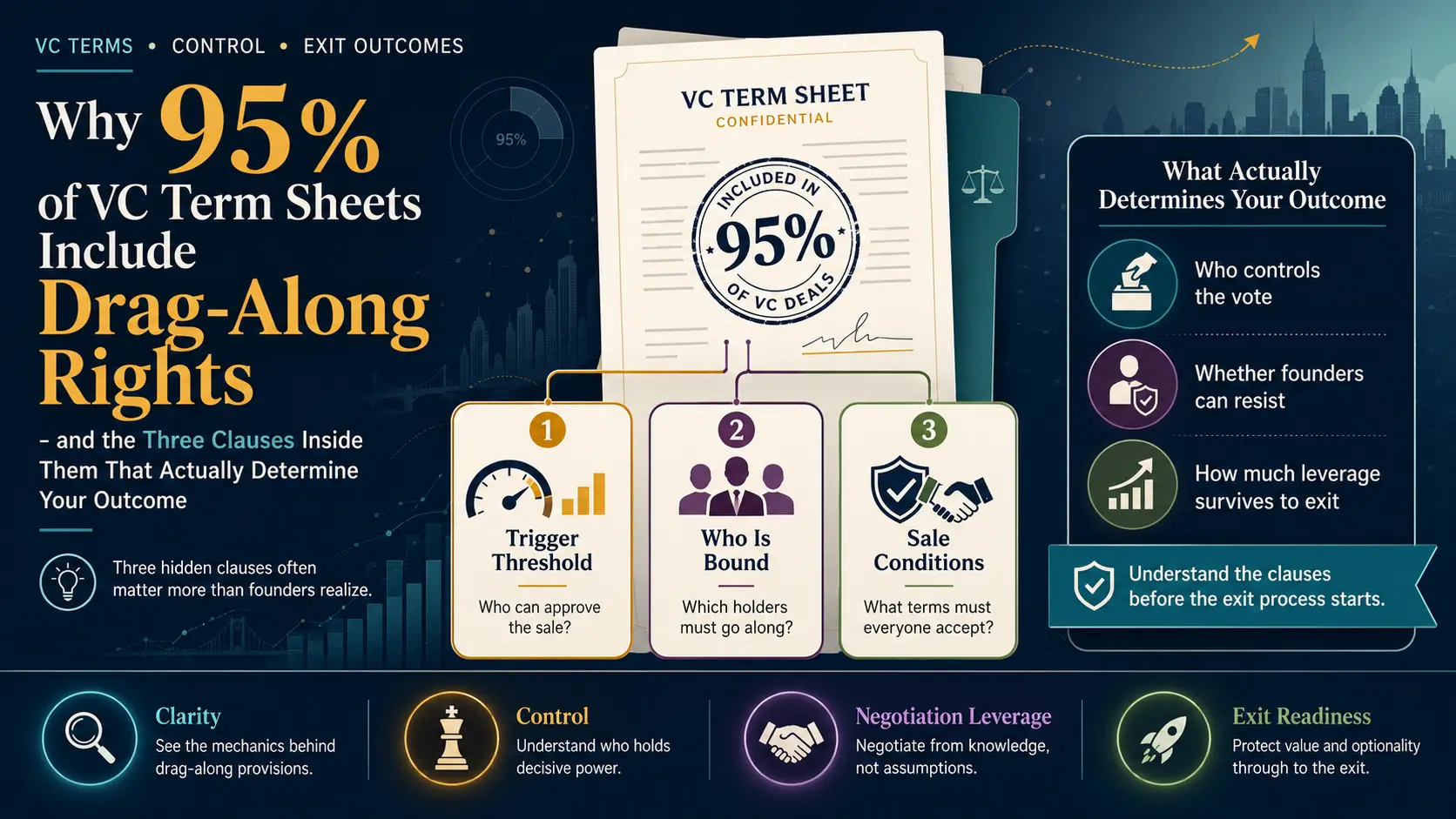 Infographic explaining why 95 percent of VC term sheets include drag-along rights, showing trigger threshold, who is bound, sale conditions, control, and exit leverage