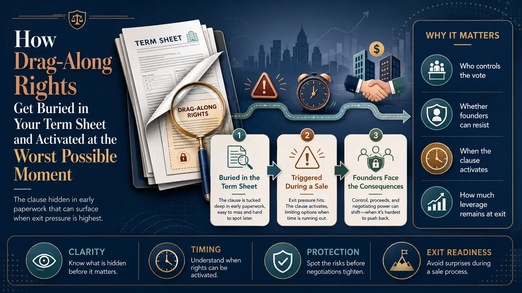 How Drag-Along Rights Are Hidden in Your Term Sheet Infographic explaining how drag-along rights are buried in a term sheet and activated at the worst possible moment, showing timing, founder control, exit pressure, and negotiation risk