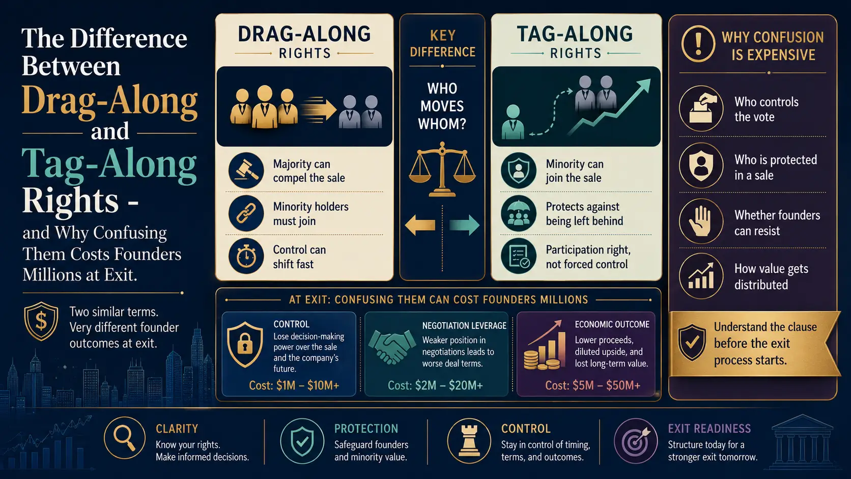 The Difference Between Drag-Along and Tag-Along Rights Infographic comparing drag-along rights and tag-along rights, showing who controls the sale, how minority holders are protected, and why confusing the clauses can cost founders millions at exit