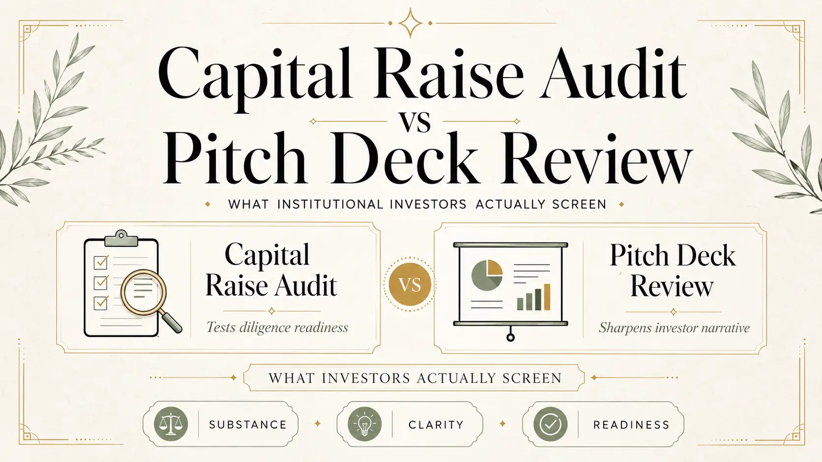 Capital Raise Audit vs Pitch Deck Review Comparison graphic showing capital raise audit versus pitch deck review, with investor screening criteria like substance, clarity, and readiness