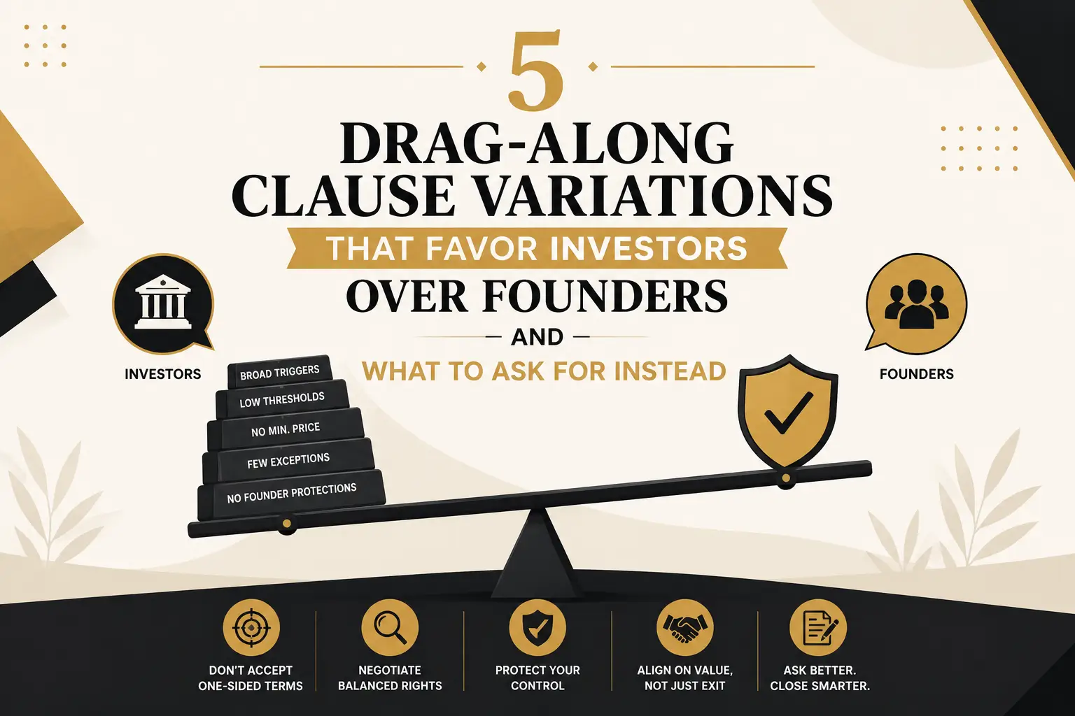 5 Drag-Along Clause Variations That Favor Investors Infographic showing five drag-along clause variations that favor investors over founders, with broad triggers, low thresholds, no minimum price, few exceptions, and no founder protections on a balance scale