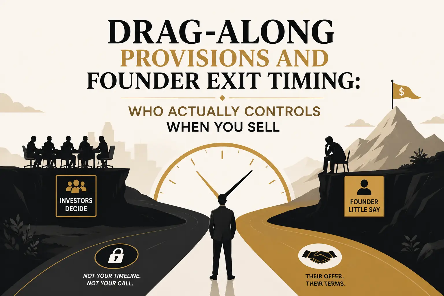 Drag-Along Provisions and Founder Exit Timing Illustration of drag-along provisions and founder exit timing, showing investors deciding the sale, a founder with little say, and the message that it is not your timeline or your call